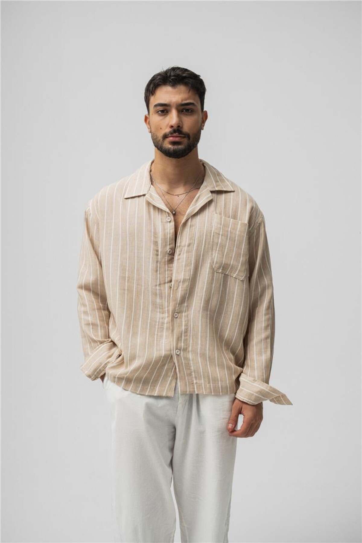 OUTFİT MAN Erkek Keten Çizgili Oversize Gömlek Bej