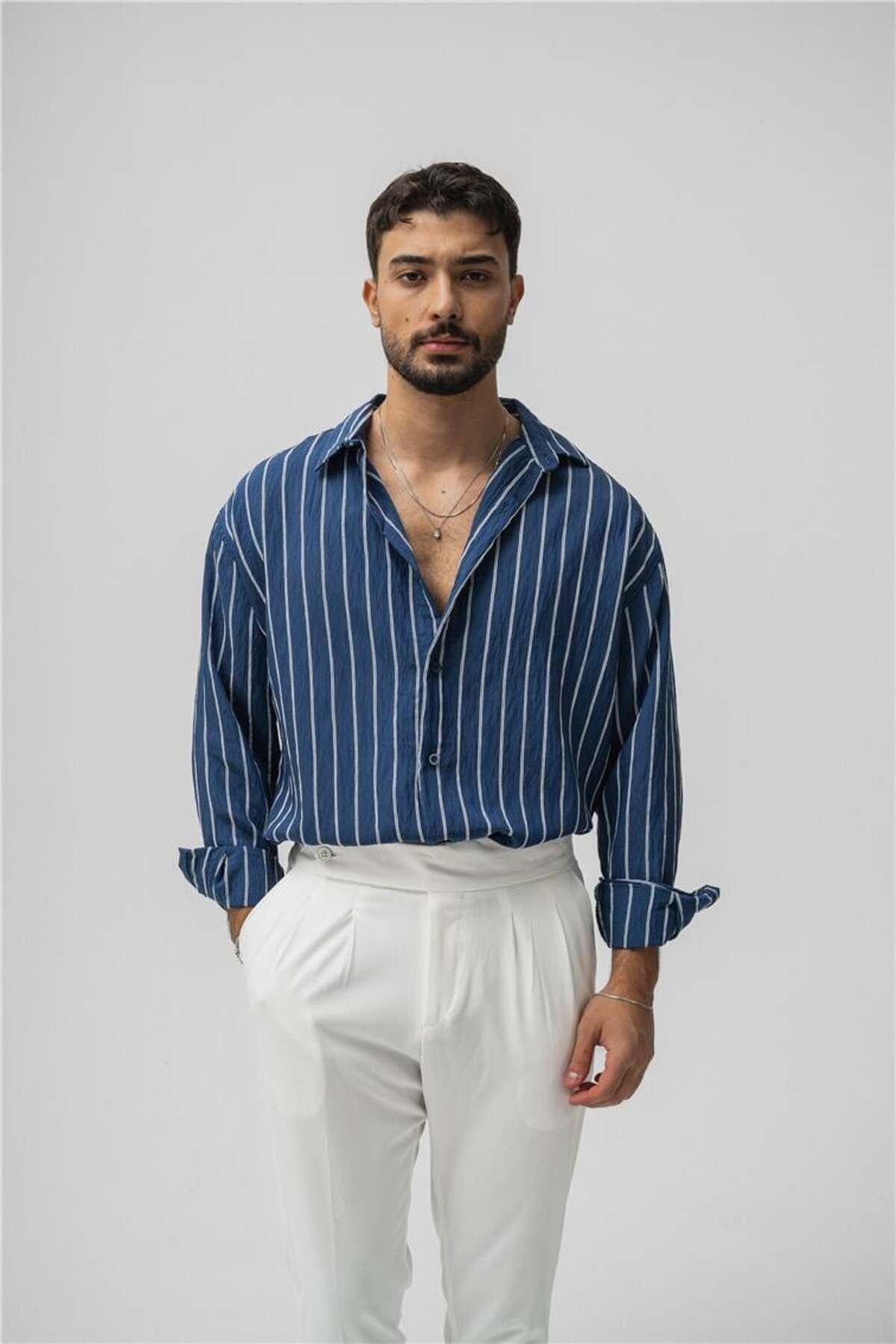 OUTFİT MAN Erkek Çizgili Modal Oversize Gömlek Lacivert