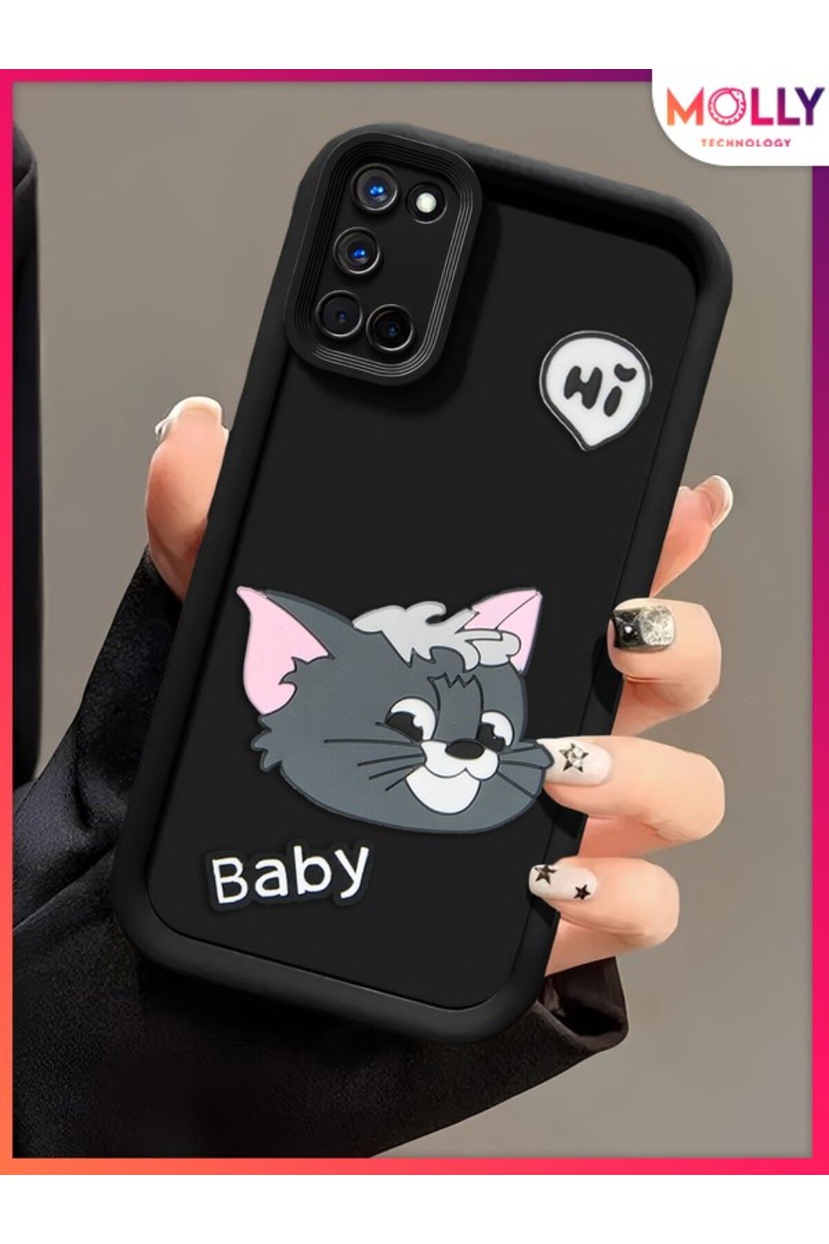 Molly Oppo A52 İçin Siyah Kenarları Kalın 3d Kabartmalı Baby Tom Silikon Kılıf