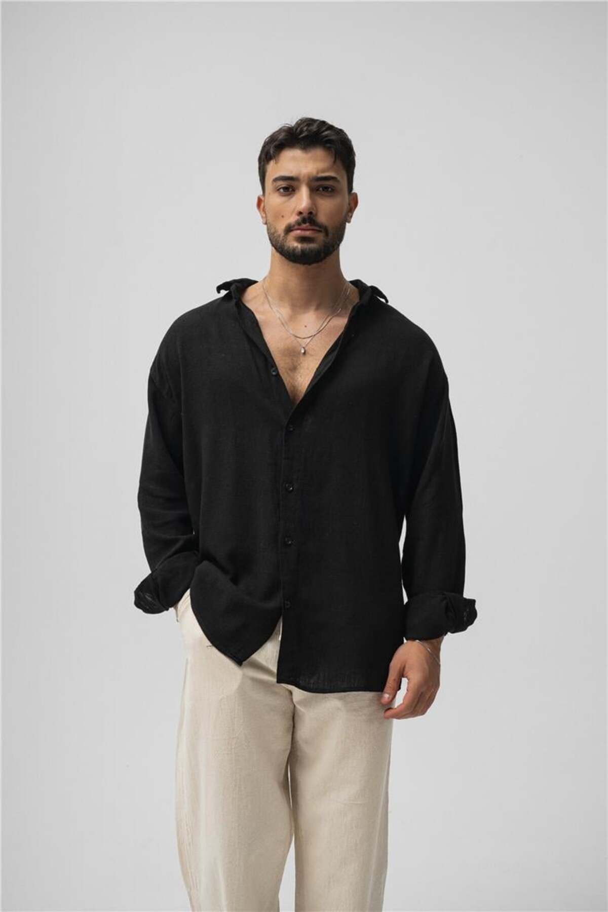 OUTFİT MAN Erkek Basic Keten Oversize Gömlek Siyah
