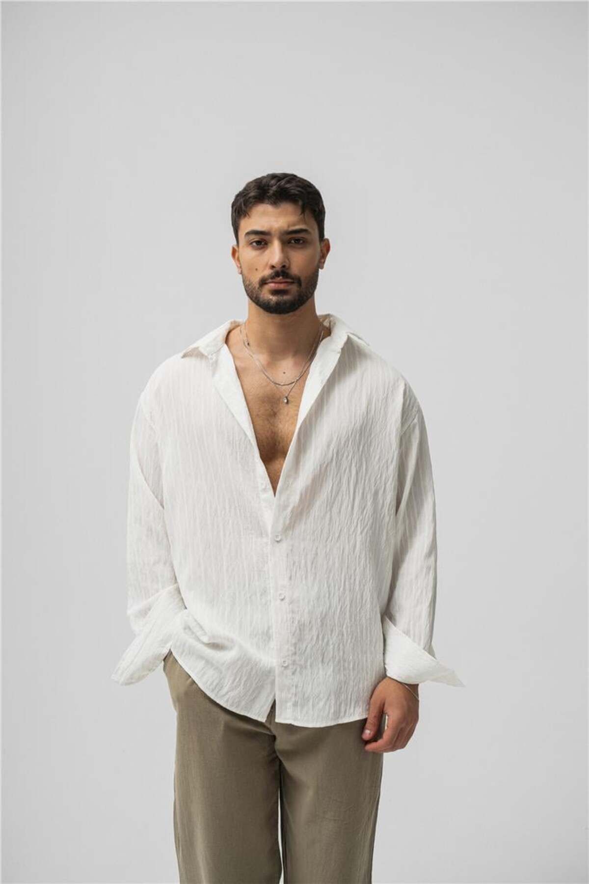 OUTFİT MAN Erkek Çizgili Modal Oversize Gömlek Beyaz