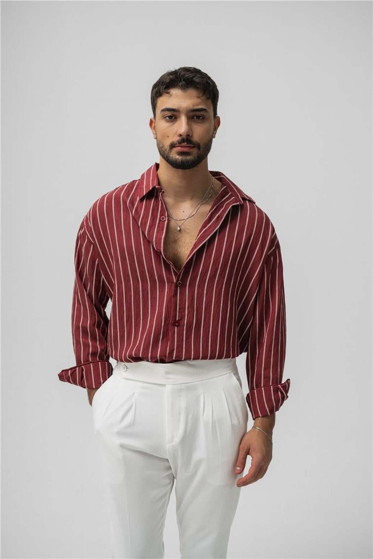OUTFİT MAN Erkek Çizgili Modal Oversize Gömlek Kırmızı
