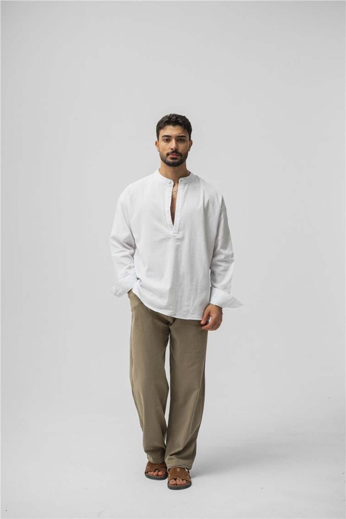 OUTFİT MAN Erkek Oversize Keten T-Shirt Beyaz