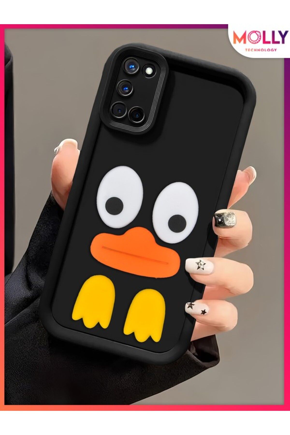 Molly Oppo A52 İçin Siyah Kenarları Kalın 3d Kabartmalı Cute Duck Silikon Kılıf