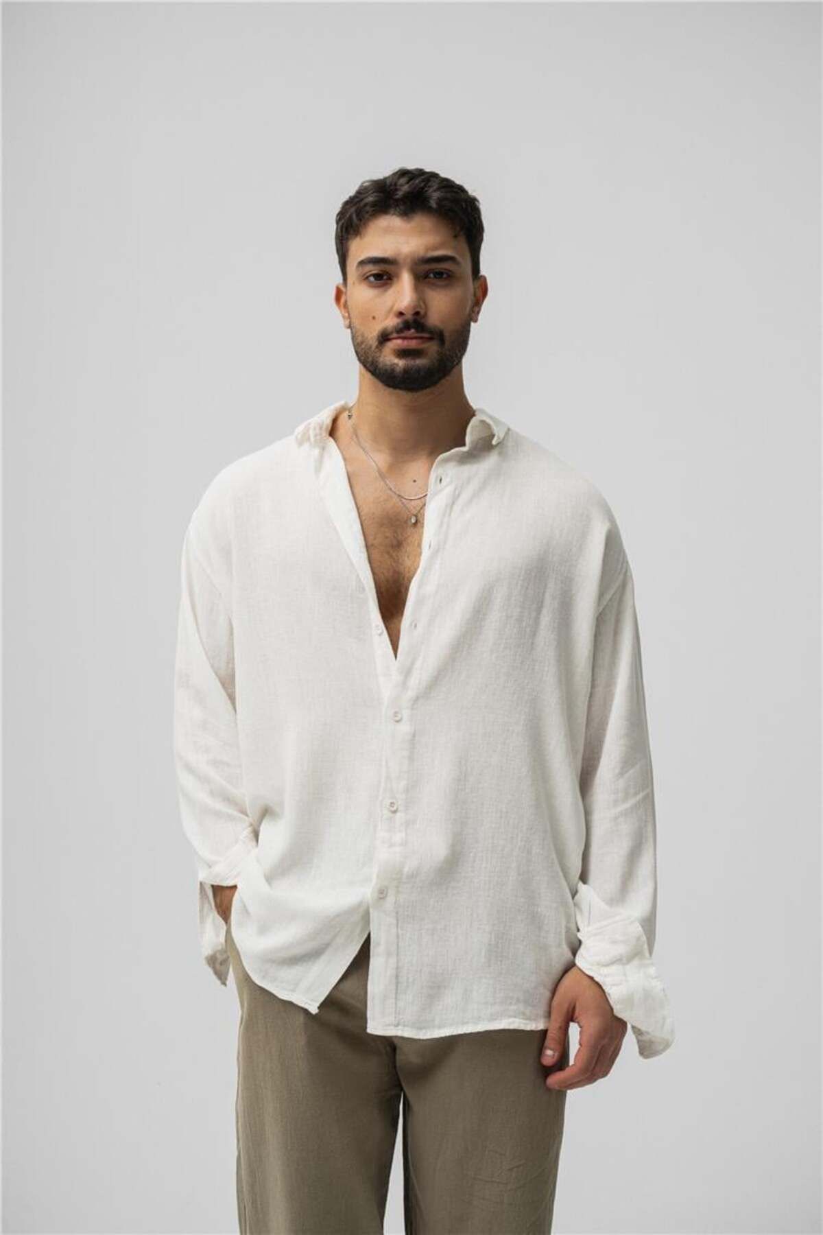 OUTFİT MAN Erkek Basic Keten Oversize Gömlek Beyaz