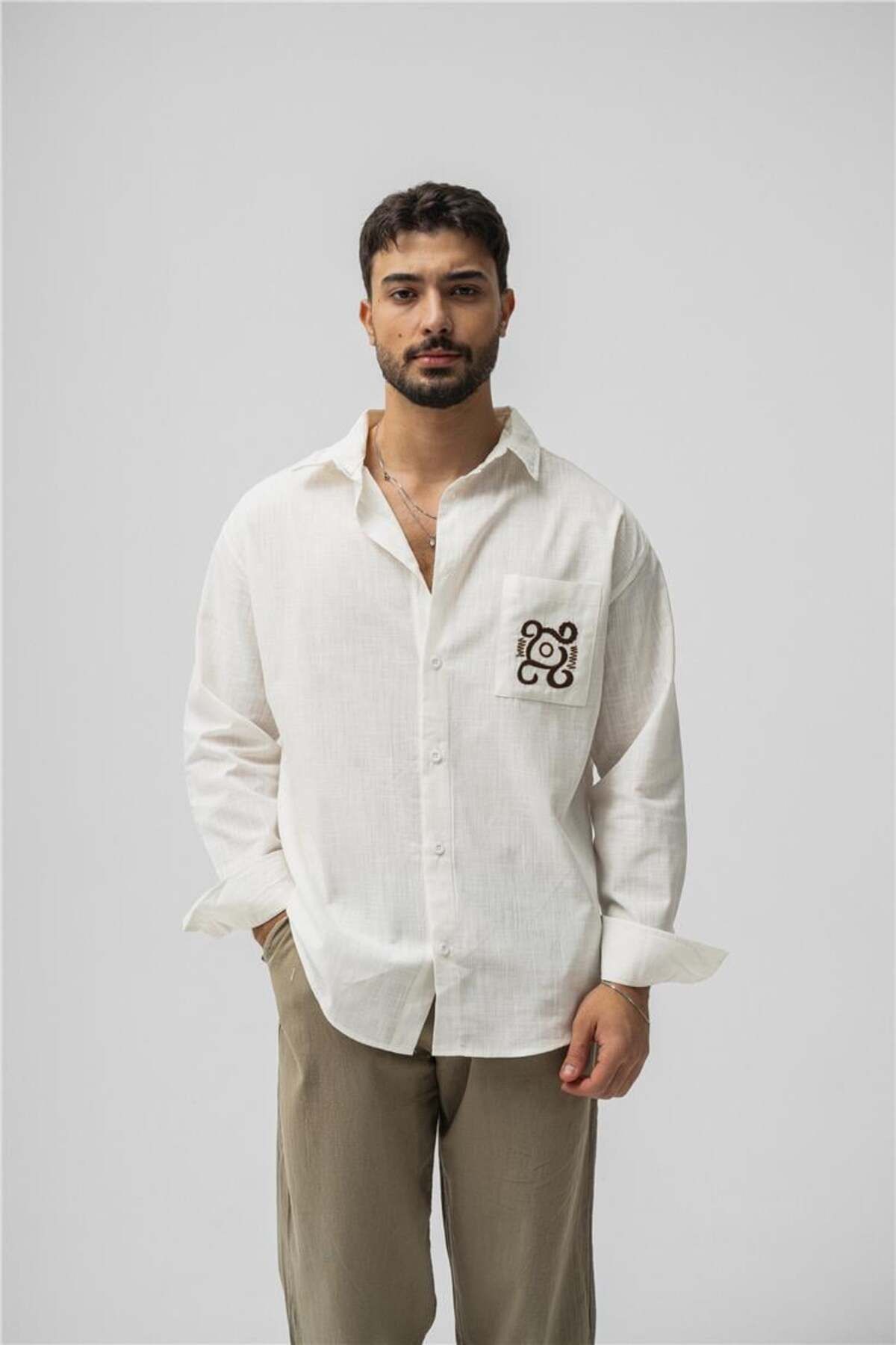OUTFİT MAN Erkek Keten Cep Detay Oversize Gömlek Beyaz