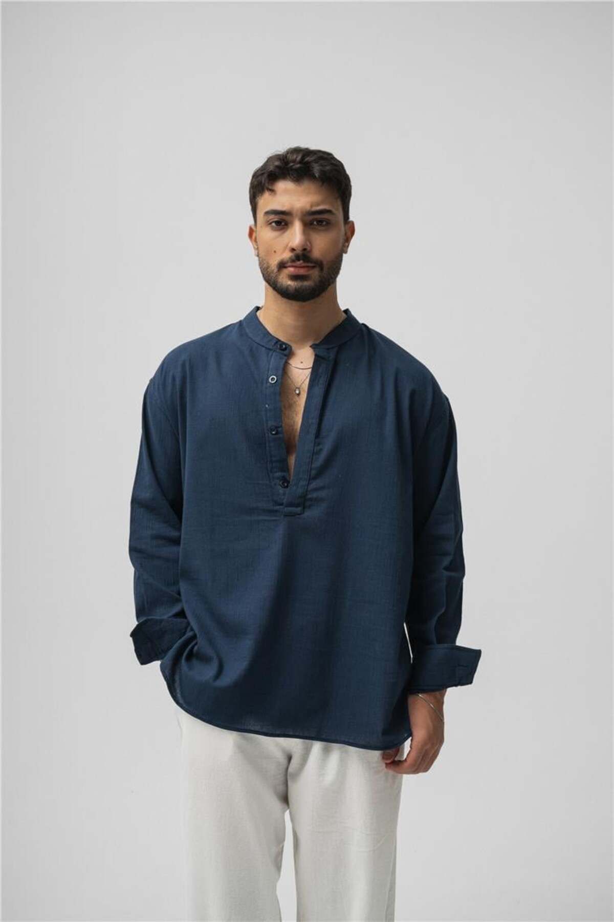 OUTFİT MAN Erkek Oversize Keten T-Shirt Lacivert