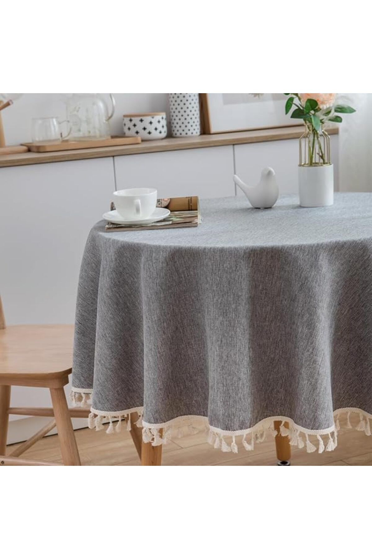 Generic-Tazweeq Round Linen Tablecloth, Rustic Durable Dustproof Tassel Table Cover, Suitable for Kitchen, 4