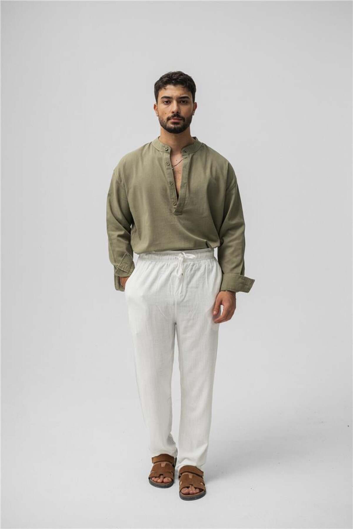 OUTFİT MAN Erkek Keten Relax Baggy Pant. Beyaz