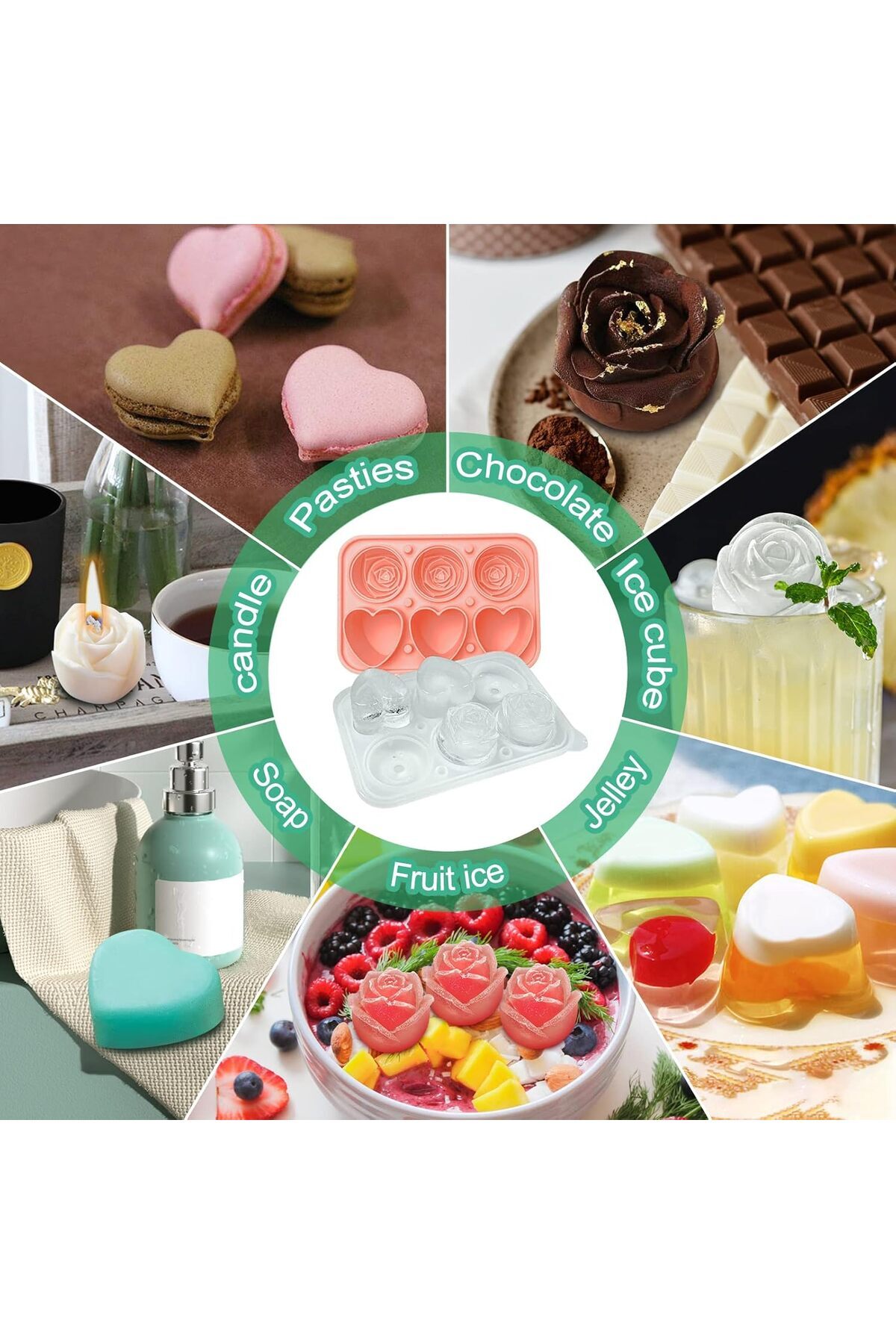 Generic-NewBinn Pink Ice Cube Molds 2 Pack, Rose & Heart-shaped Ice Cube Trays with Built-in Funnel, Silico 6