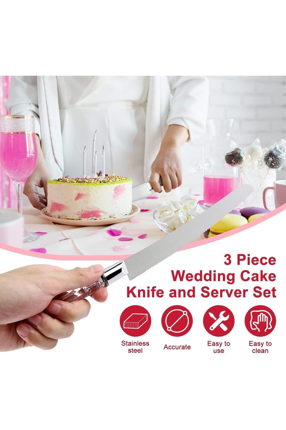 Generic-Khazna Cake Cutter and Server Set, 3 Pcs Cake Cutting Set with Pizza Cutter Wheel, Cake Serving Set 6