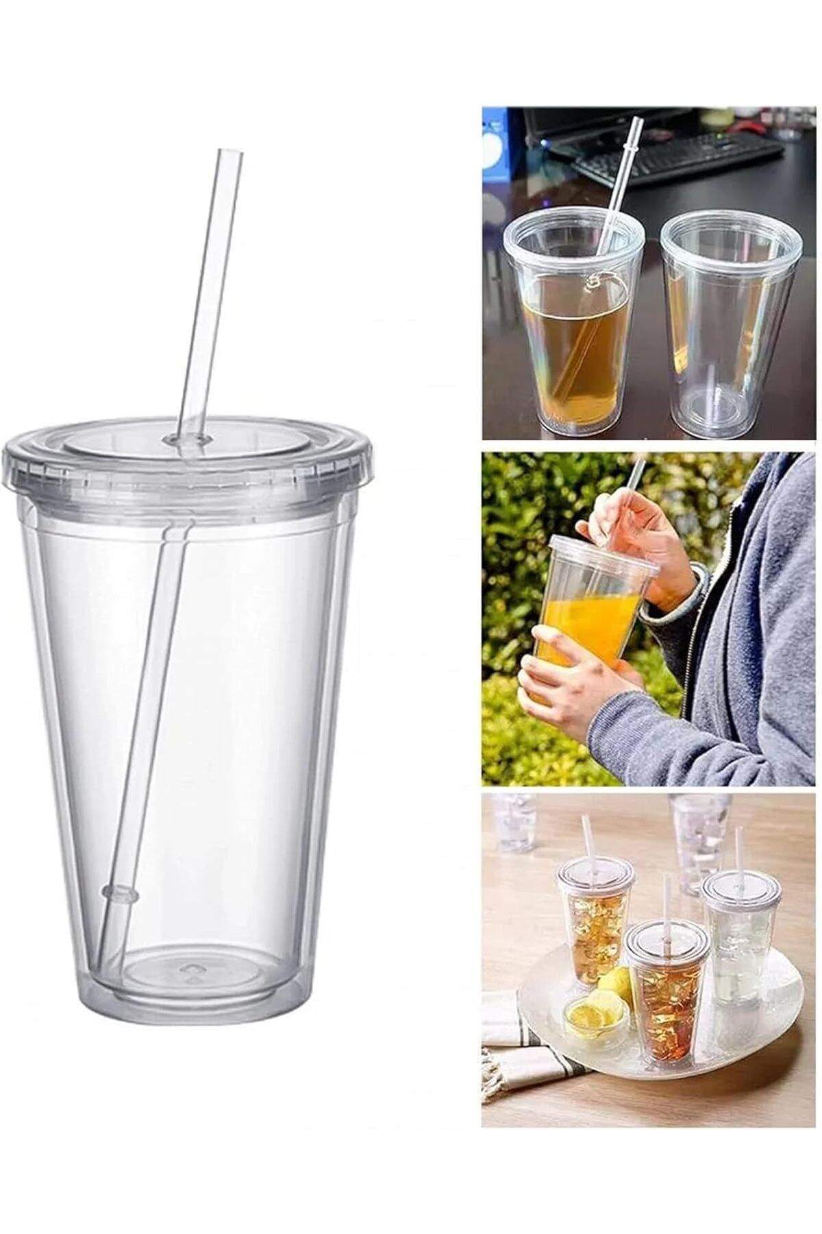 Generic-Plastic Mug Reusable, Double Wall Transparent Drinking Cup With Straw, Reusable Mug Suitable For Fr 5