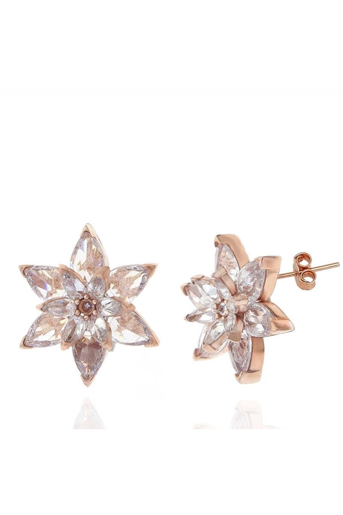 luz&pos Gümüş Rose Beyaz Lotus Çiçeği Çivili Kadın Küpe