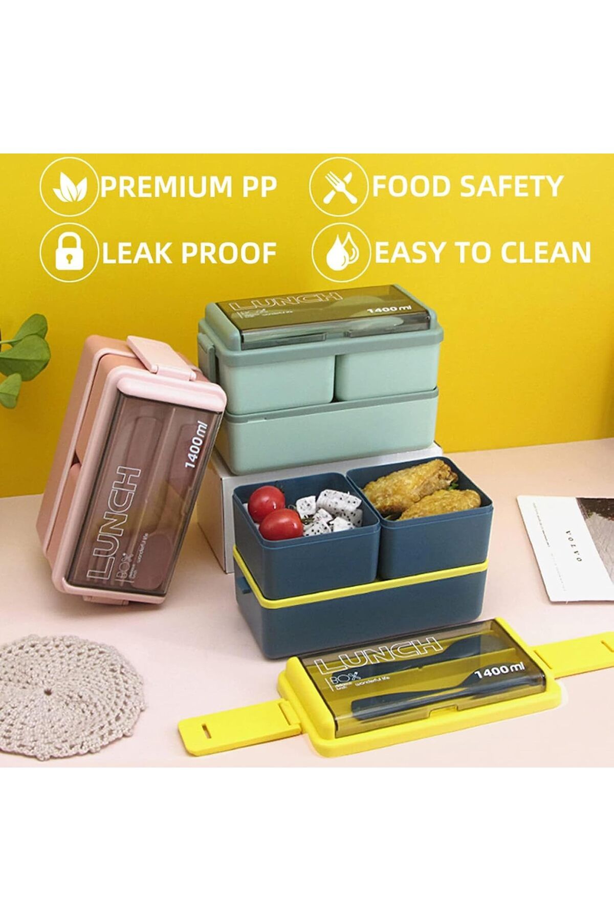 Generic-DHB tech Bento Lunch Box Stackable, 1400ml Bento Box Lunch Containers with 3 Removable Compartments 4