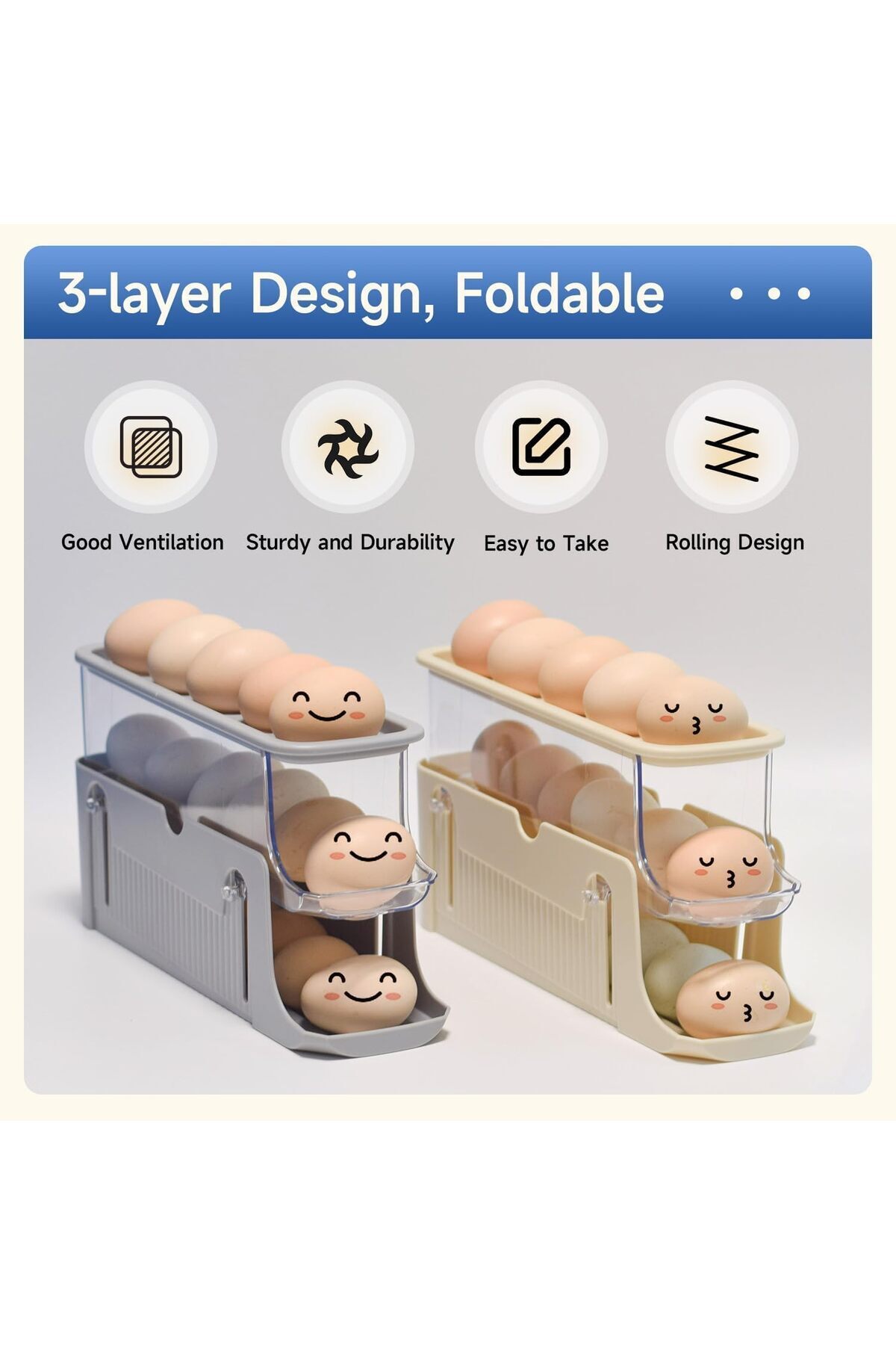 Generic-XIUWOO Egg Holder for Refrigerator, Egg Container 3-Tier,Foldable Egg Storage, Automatic Egg Rollin 3