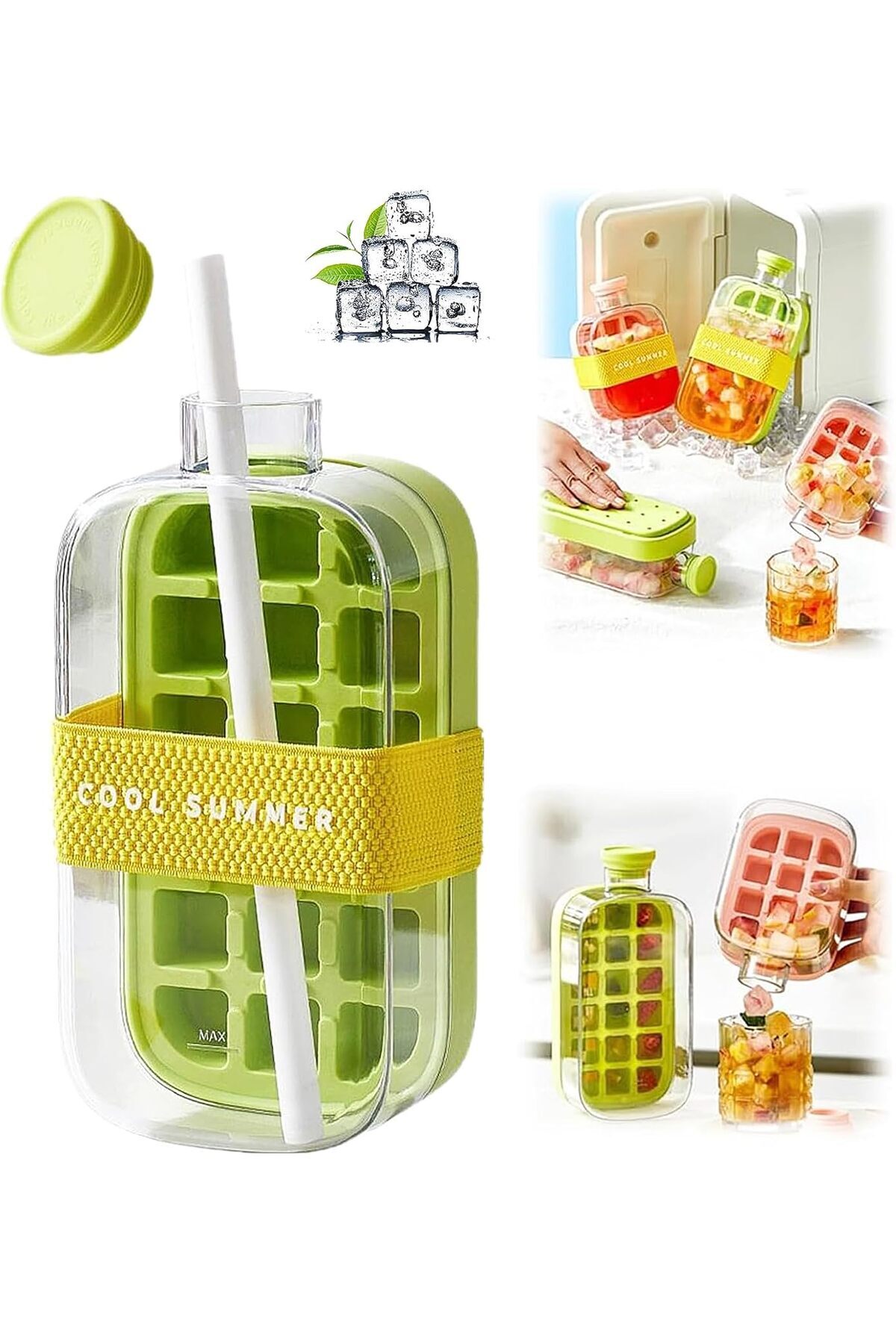 Generic-TSWCBYYLB 2 in 1 Touch-Free Cool Summer Ice Cube Water Bottle Cup with Lid & Straw (Green, 800ml) 1