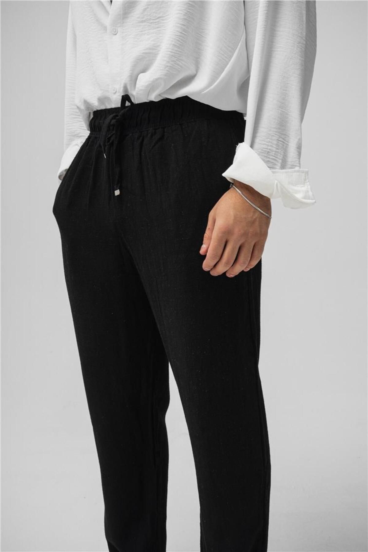 OUTFİT MAN Erkek Keten Relax Baggy Pant. Siyah