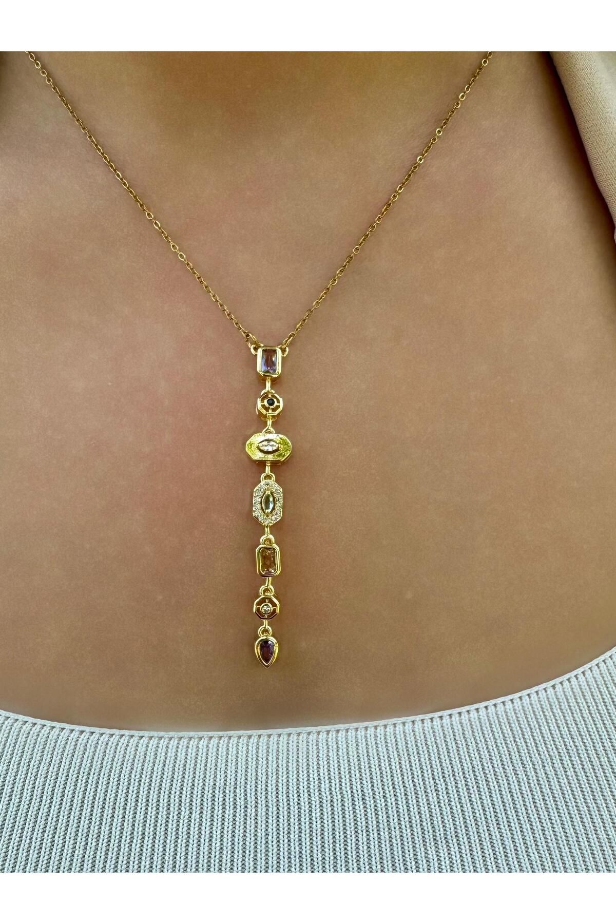 My Life Accessory Renkli Taşlı Y Kolye Çelik