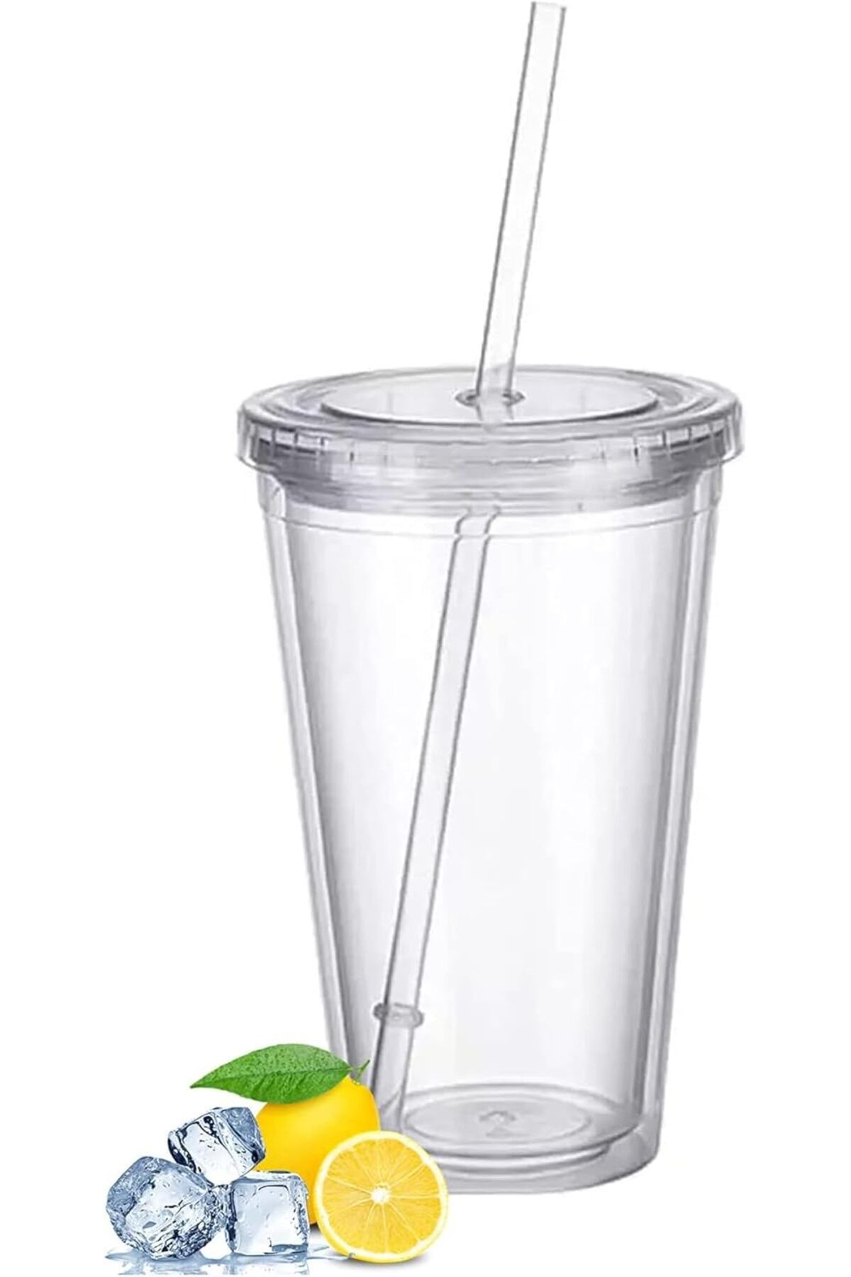Generic-Plastic Mug Reusable, Double Wall Transparent Drinking Cup With Straw, Reusable Mug Suitable For Fr 1