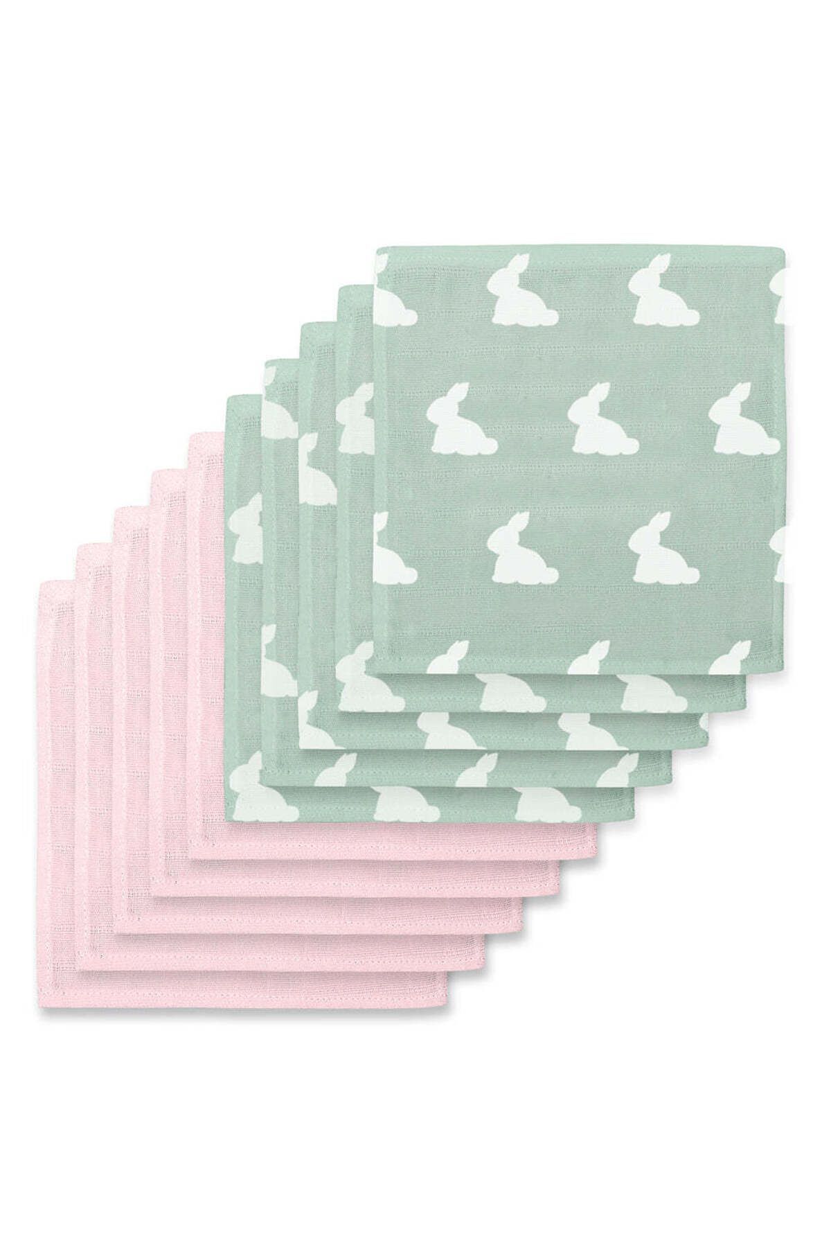 DEUX LAPINS %100 Pamuk Müslin Bebek Ağız Bezi Paketi Mono Lapin Matcha Green & Innocent Pink 10`lu