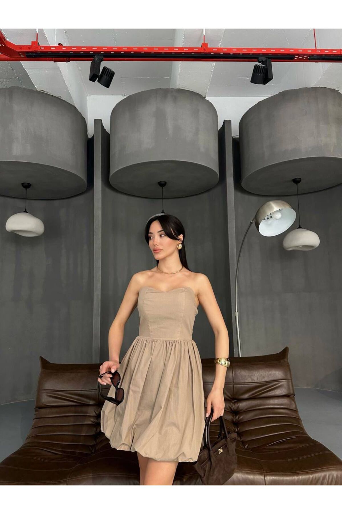 Hotfashion Straplez Balon Etek Detaylı Mini Elbise