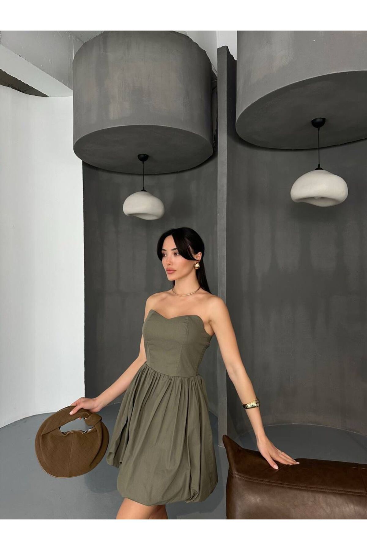 Hotfashion Straplez Balon Etek Detaylı Mini Elbise