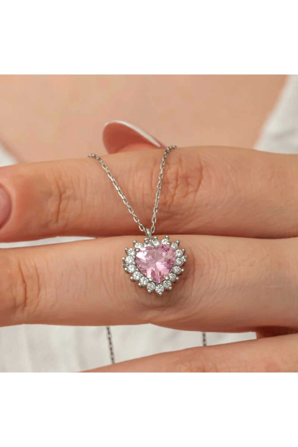 luz&pos Gümüş Pembe Taşlı Kalp Kadın Kolye