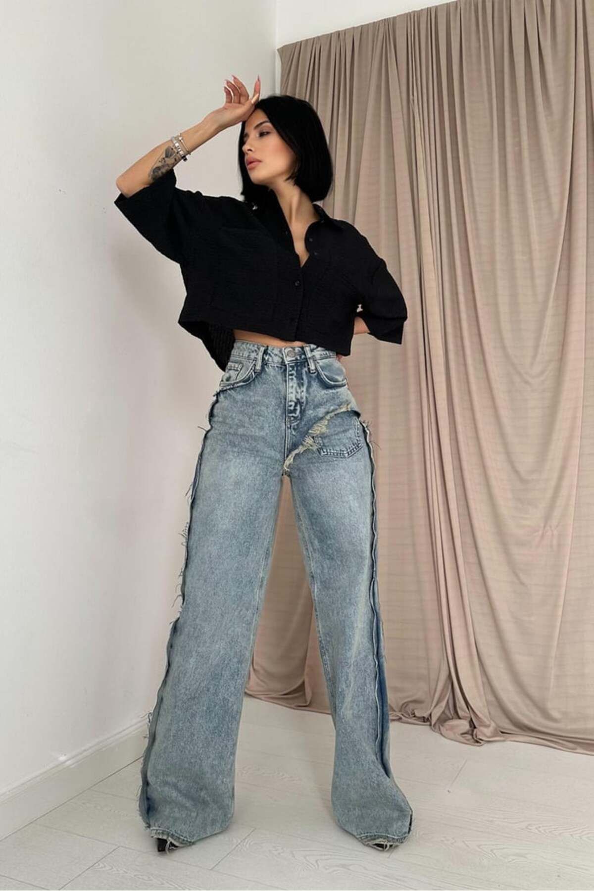 Castivo Fashion Yırtmaç Detaylı Kar Yıkama Yüksek Bel Wide Leg Jean Pantolon