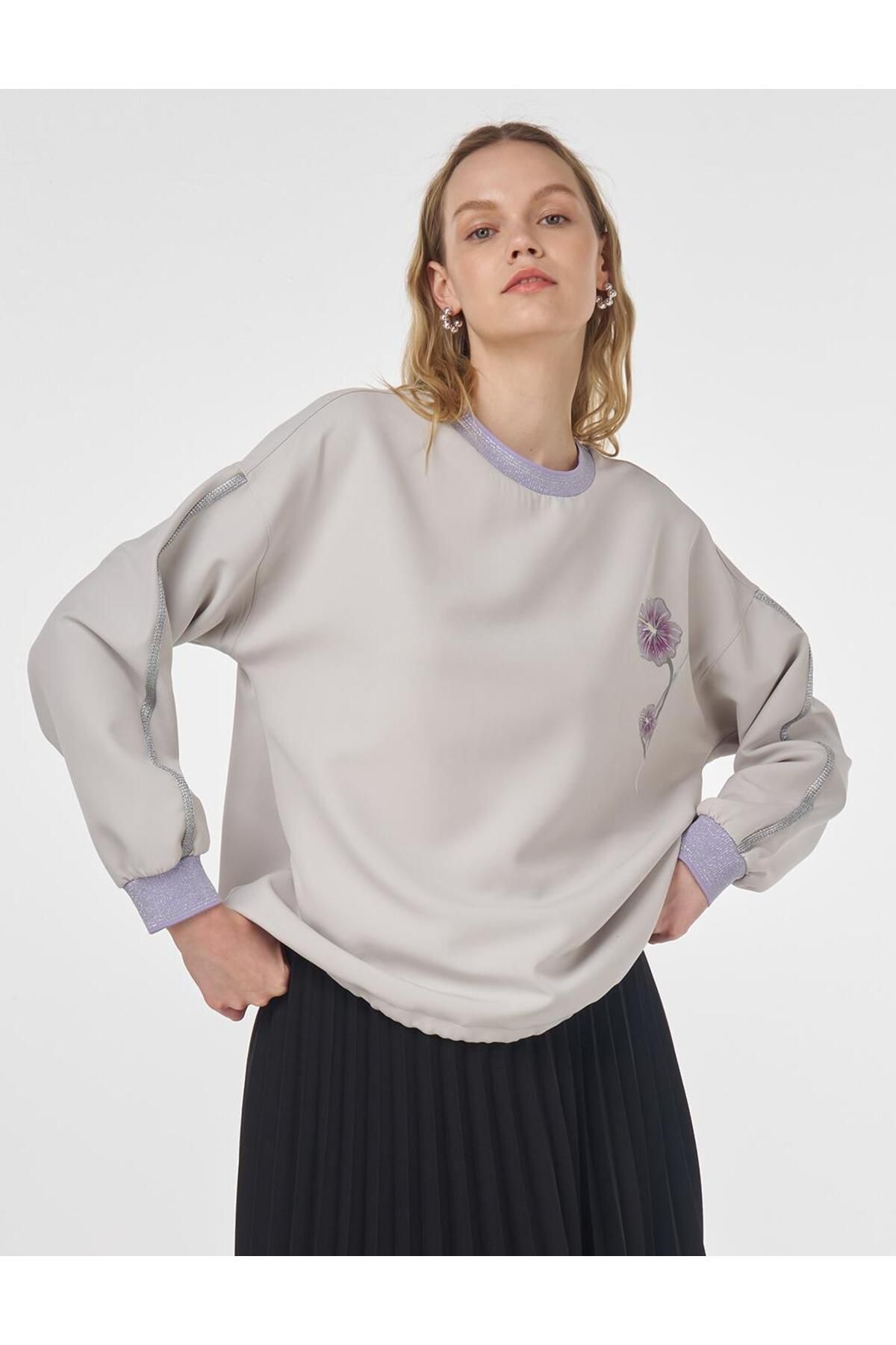 KYR Ribanalı Büzgülü Sweatshirt Açık Gri