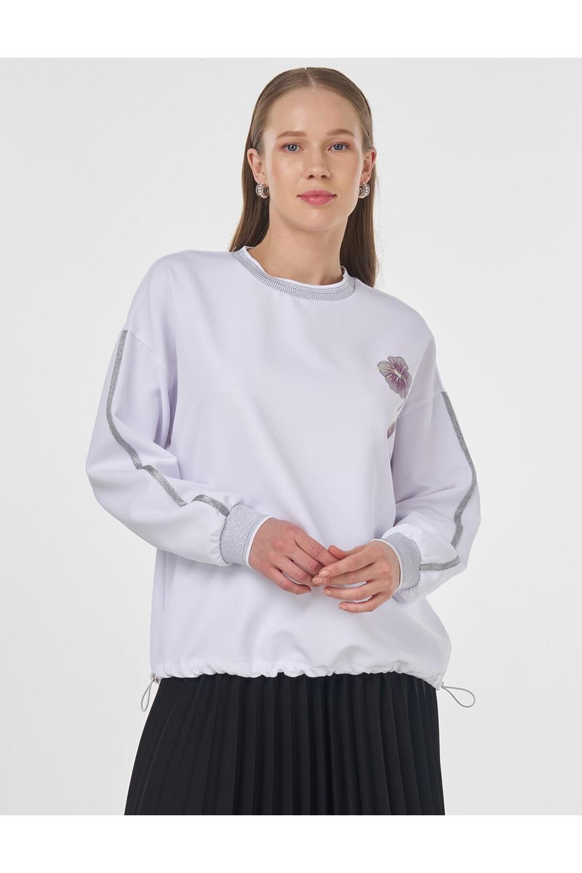 KYR Ribanalı Büzgülü Sweatshirt Optik Beyaz