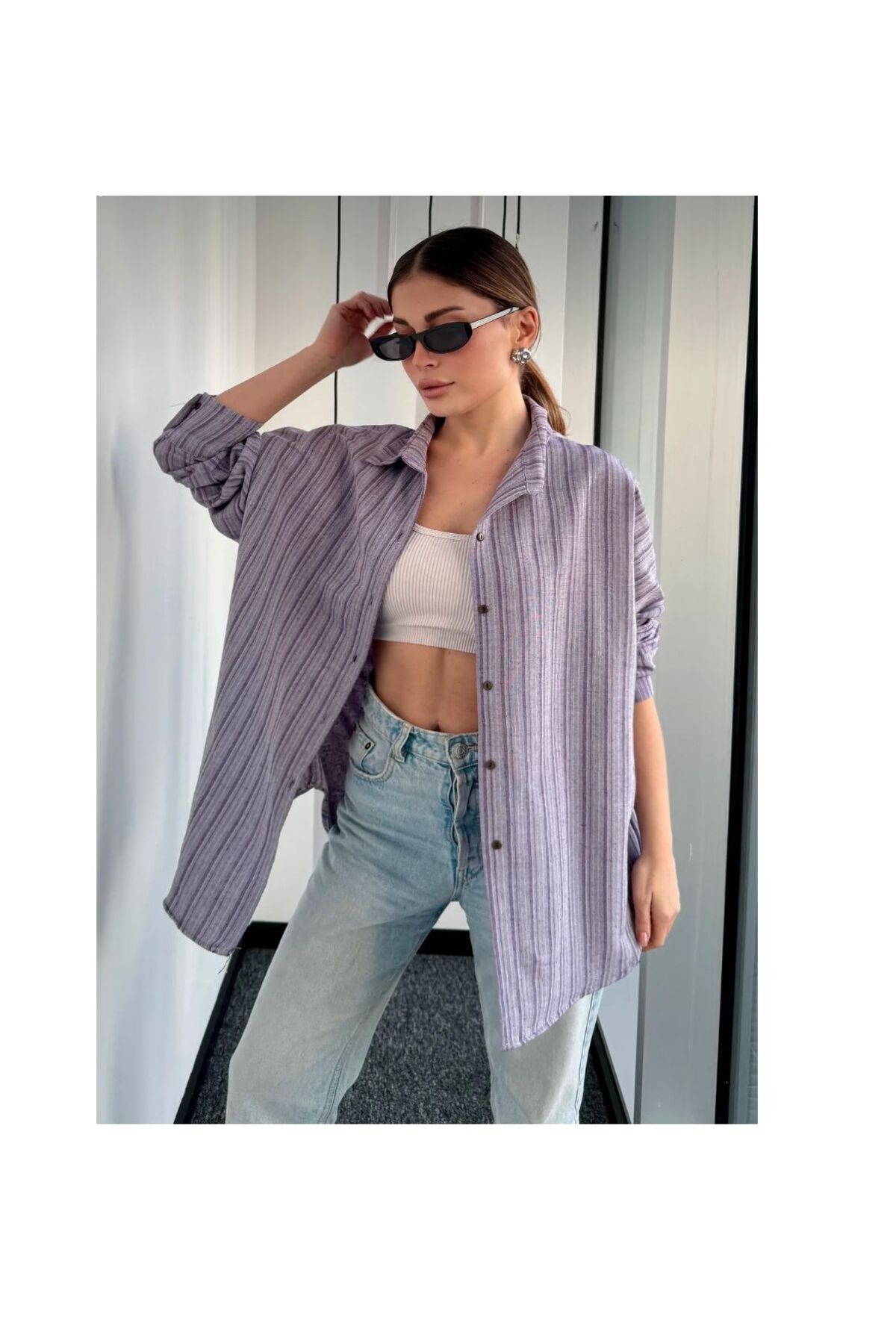 Bii alışveriş Oversize Keten Dokulu Pamuklu Çizgili Salaş Gömlek