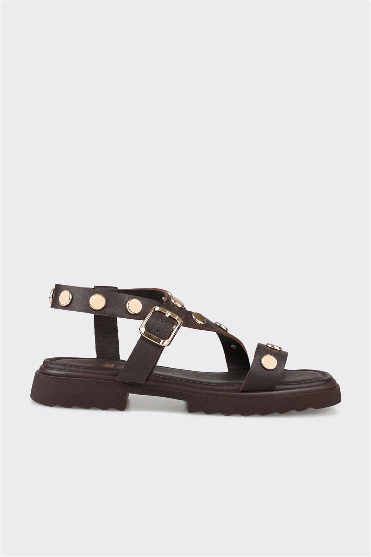 Elle Shoes Kahve Deri Kadın Düz Sandalet