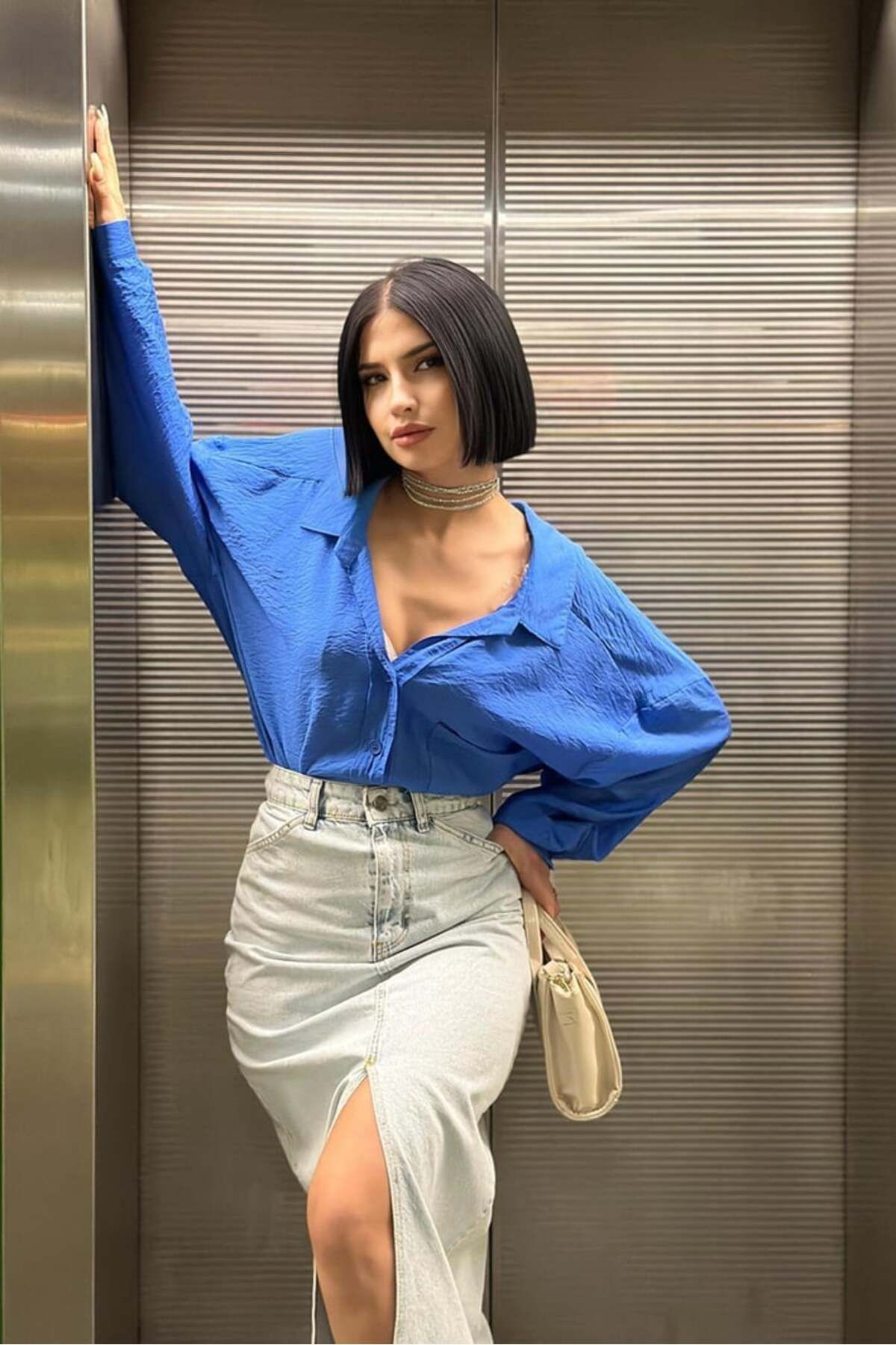 Castivo Fashion Yırtmaç Detaylı Yüksek Bel Denim Kalem Etek