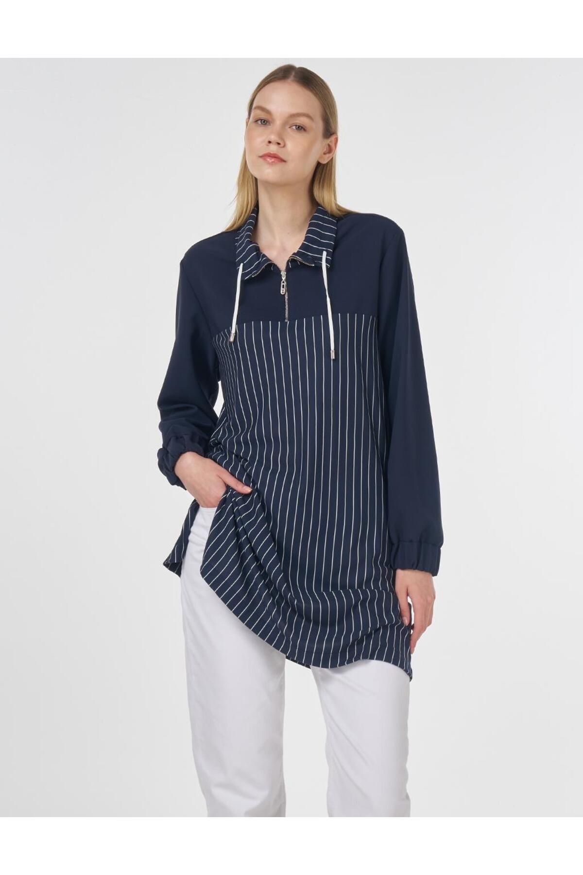 Kayra Çizgi Desen Rayon Sweatshirt Koyu Lacivert