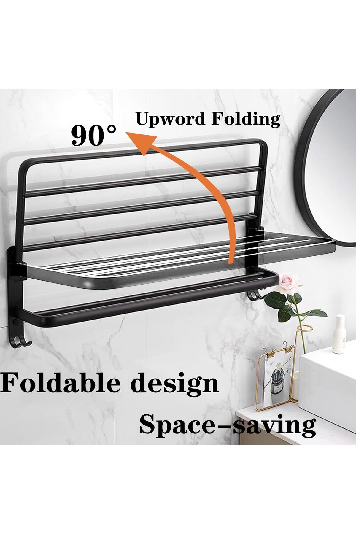 Generic-Excefore Towel Rack for Bathroom, 40 cm Wall-Mounted Towel Holder with Double Bar and Foldable Shel 2
