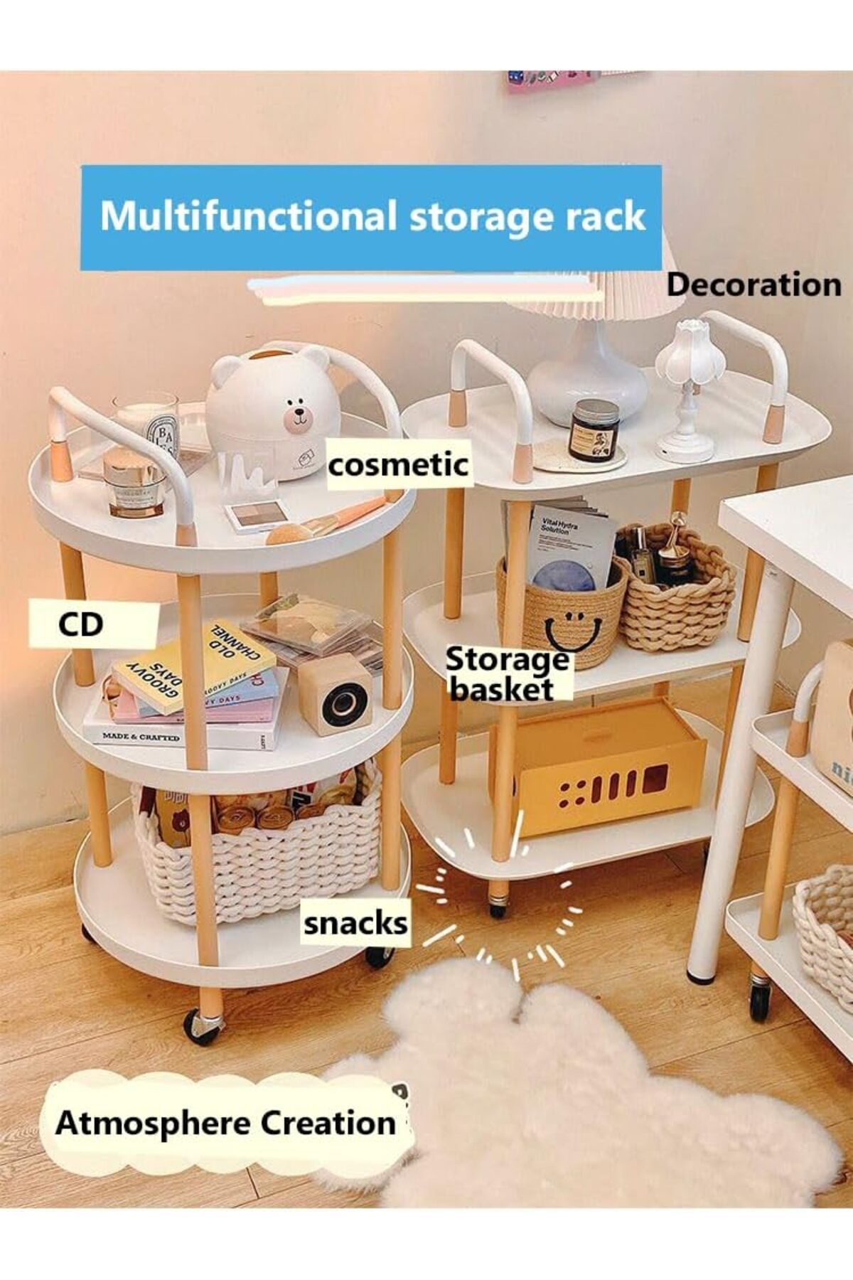 Generic-APAP 3-Tier Rolling Storage Cart, Multi-Functional Mobile Storage Cart with Handle and Lockable Whe 4