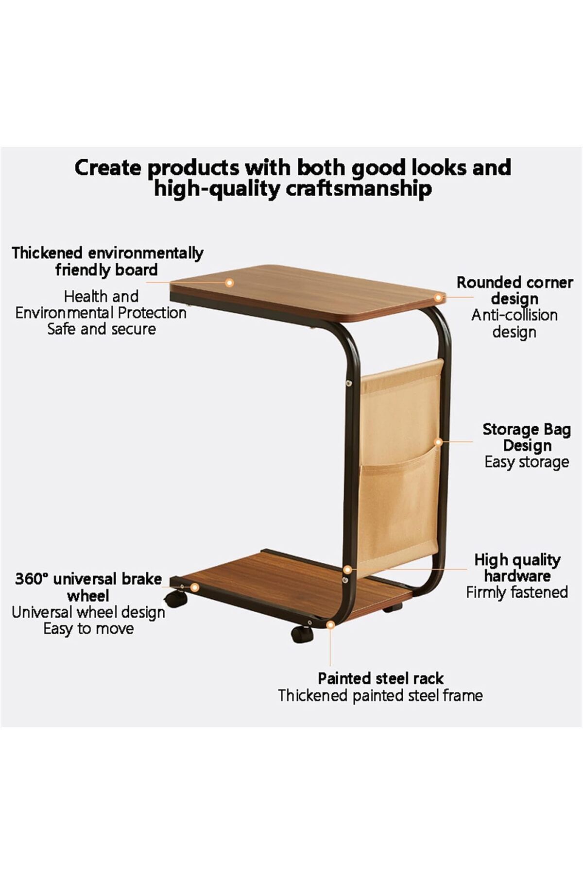 Generic-Wemart C Shaped End Table, Small Couch Side Table with Storage Bag, Sturdy Slide Under Sofa Table w 7