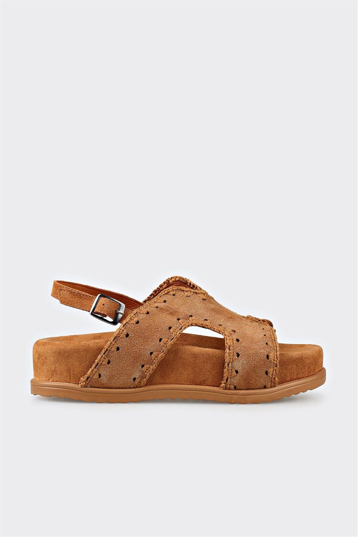 Elle Shoes Taba Deri Kadın Dolgu Topuk Sandalet