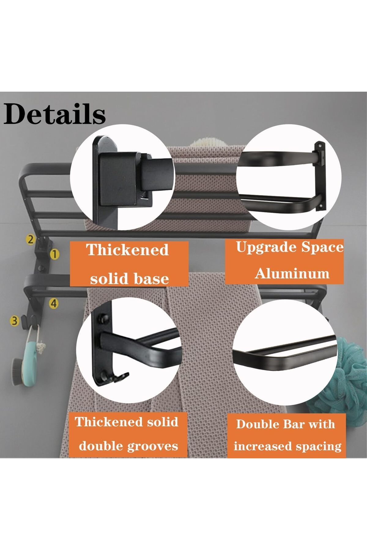 Generic-Excefore Towel Rack for Bathroom, 40 cm Wall-Mounted Towel Holder with Double Bar and Foldable Shel 4