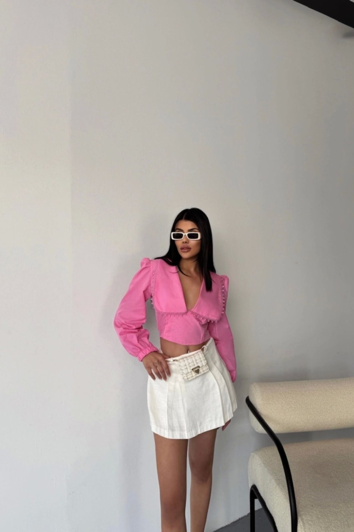 nedo7 CROP POPLİN GÖMLEK YAKA KENAR DANTEL DETAYLI - Pembe
