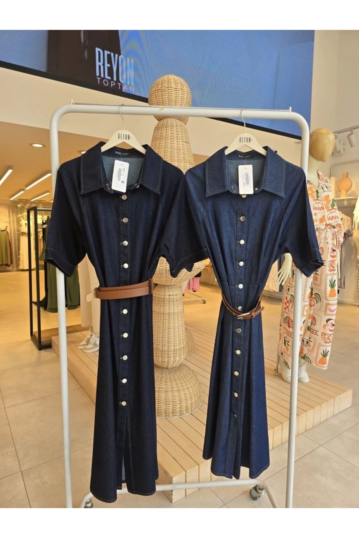 nedo7 Kısa Kol Düğmeli Denim Elbise - Mavi