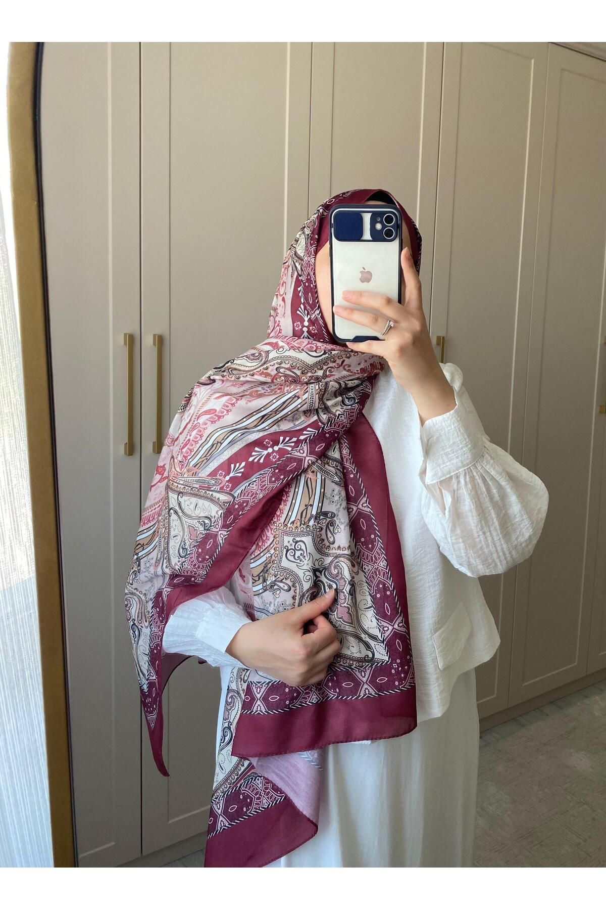 NUESSA Etnik Desen Soft Dokulu Mevsimlik Bordo Şal