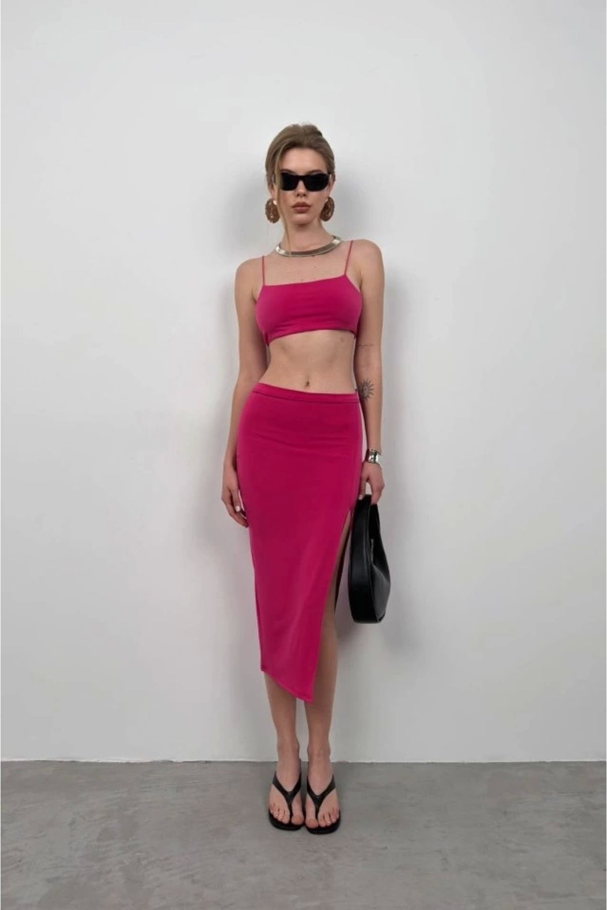 nedo7 Askılı Crop Yırtmaçlı Etek Takım
