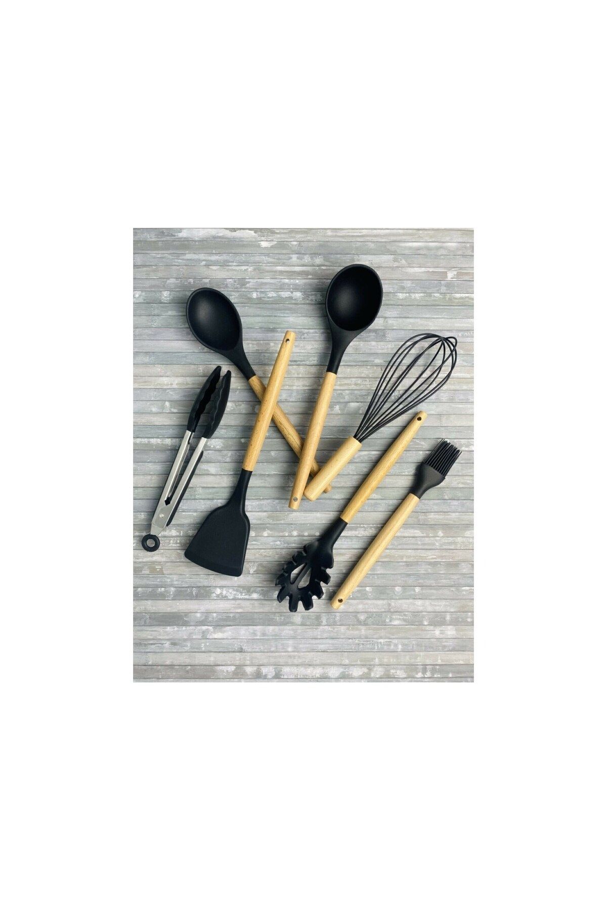 morponi 7 Parça Siyah Servis Seti ( Maşa- Kepçe-Kaşık-Çırpıcı-Spatula - Spagetti - Fırça )