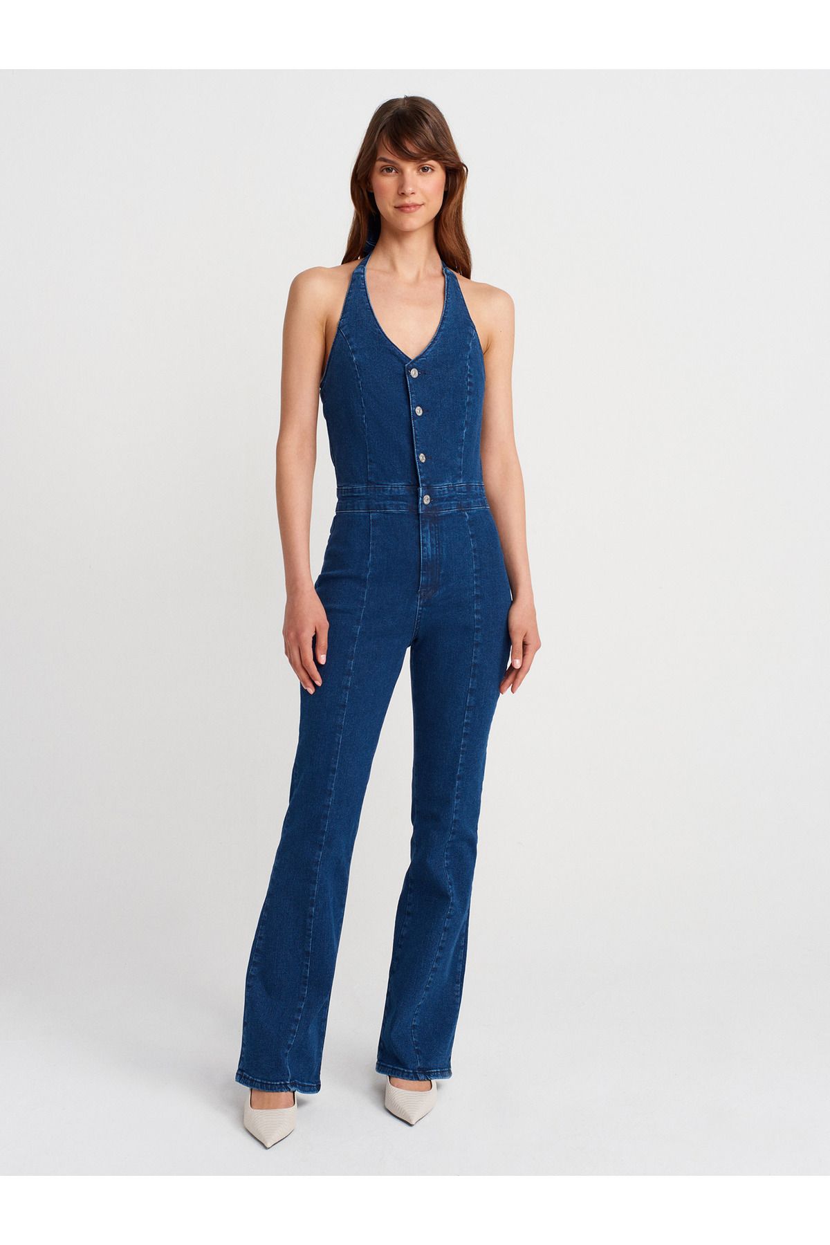 Dilvin 72011 Boyundan Bağlamalı Likralı Denim Tulum-Mavi