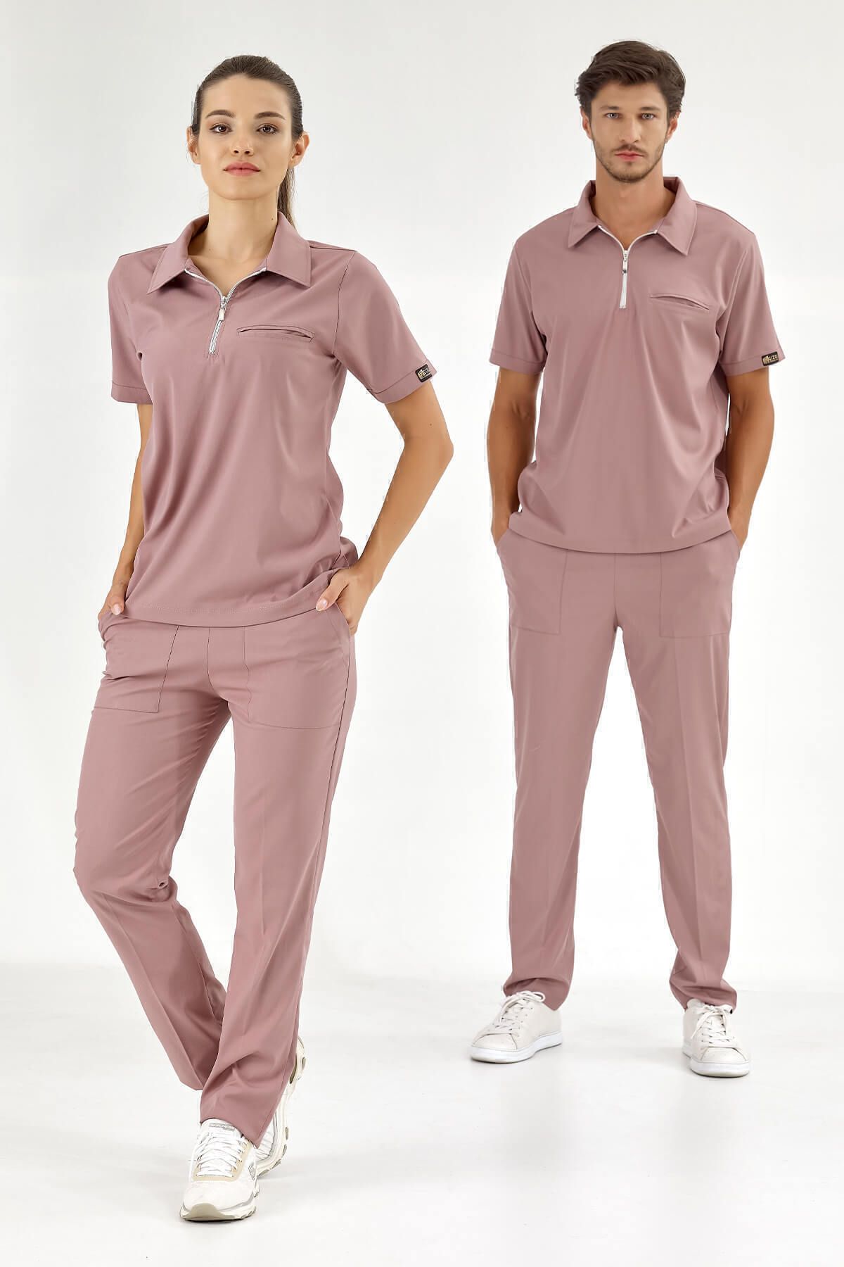 ÇİZGİ MEDİKAL Dusty Rose Polo Luxury Lycra Suit Uniformă De Înaltă Calitate Lycra Scrubs - S