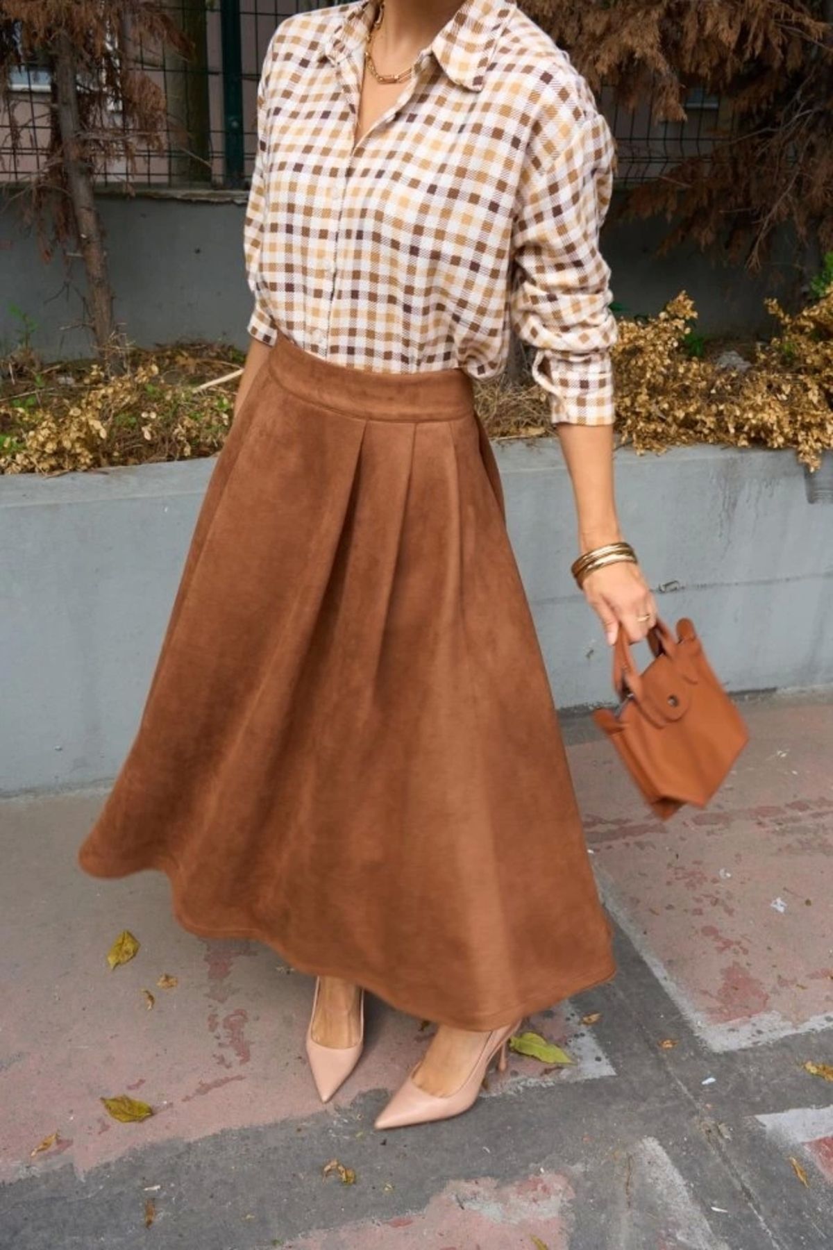 Butik Süet Düz Etek - Taba