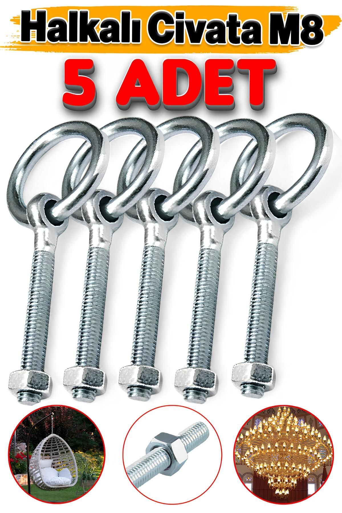 Badem10 M8 Somunlu 5 li Delikli Halka Metal Paslanmaz Civata Sabitleme Çekme Kaldırma Tavan Kancası Asma Kit