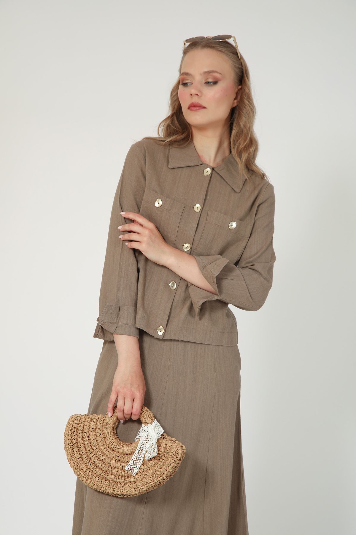 Suede Style 5757 - Şık Rahat Keten Gömlek-Etek Kadın Takım