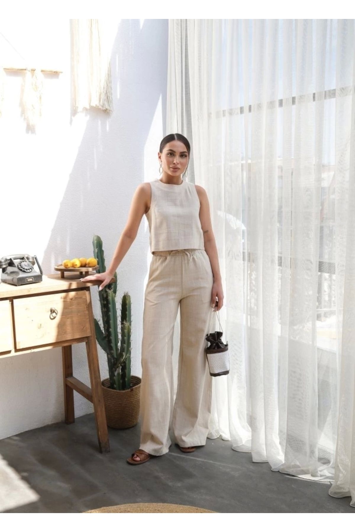 Butik Keten Bluz Ve Pantolon İkili Takim